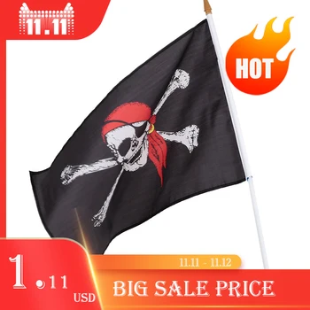 

30X45CM Pirate Flags With Flagpole Pirate Pattern Halloween Party Car Banner Home Decorations Outdoor Hand Hanging Flag