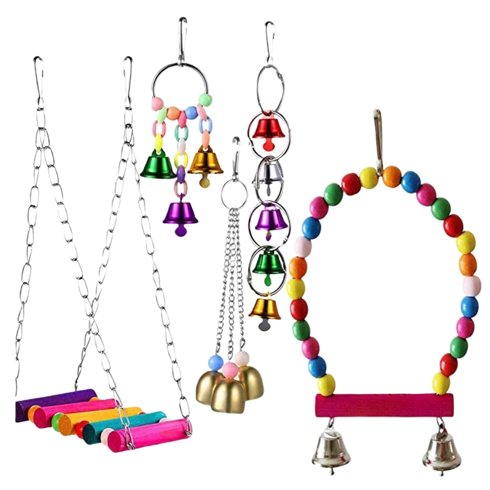 5pcs set Exercise Small Bells Hanging Stand Wooden Grinding font b Pet b font Entertainment Bird
