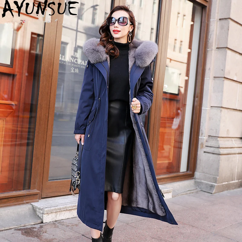 

AYUNSUE Real Fur Coat Female Rabbit Fur Parka 2019 Winter Jacket Women Fox Fur Collar Long Jackets for Women Plus Size MY3870
