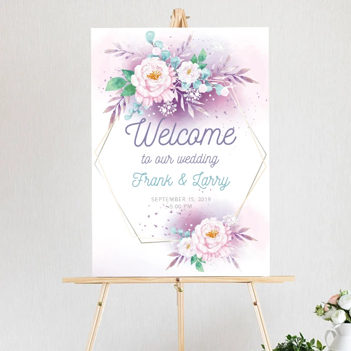 

free shipping 1 pc custom name date engagement Creative Hand painted watercolor flower table card Welcome sign card for wedding