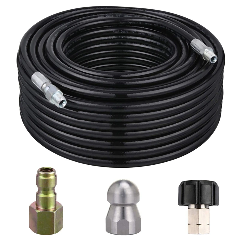 

Sewer Jetter Kit for Pressure Washer, 1/4 Inch NPT x 50 FT Hose, Sewer Jetting Nozzle Button Nose, Orifice 4.0, 4400 PSI