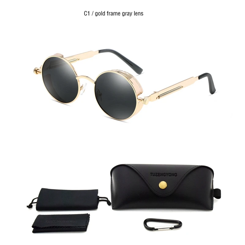 T8028 C1 Black case Винтажные поляризационные солнцезащитные очки, для мужчин и женщин, круглые очки в металлической оправе в стиле стимпанк, дизайнерские очки со степенью защиты UV400 - Цвет линз: T8028 C1 Black case