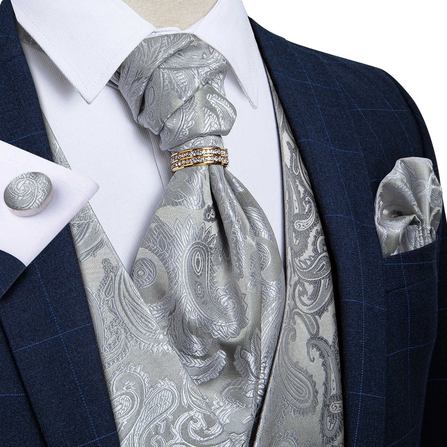 Men Suit Vest silver Paisley Floral Silk Wedding Waistcoat Men Ascot Tie Pocket Square Necktie Ring Sleeveless Jacket DiBanGu blazer suit Suits & Blazer