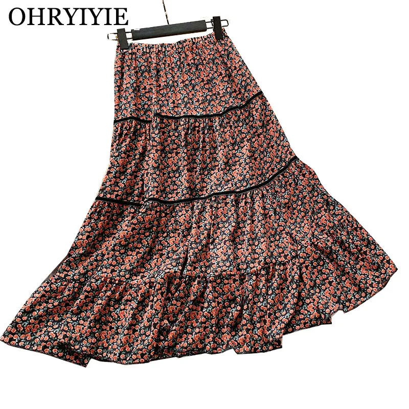 OHRYIYIE осенне-зимняя женская юбка с цветочным принтом Новая Элегантная эластичная плиссированная юбка с высокой талией женские винтажные юбки для вечеринок