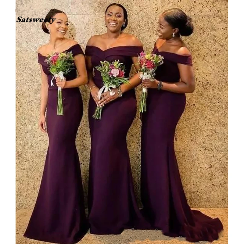 

Grape Satin Mermaid Bridesmaid Dresses Saudi African Off The Shoulder African Maid Of Honer Dress Back Zipper Wedding Guest Gown