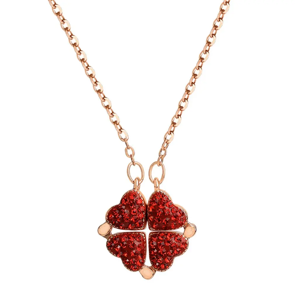 

Korean Version Of Four-Leaf Clover Necklace Love Split Folding Pendant Rose Gold Clavicle Chain Full Diamond Red Necklace