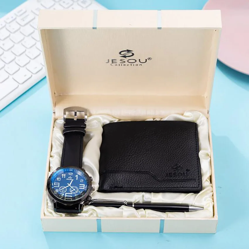 

new Mens Watches Quartz Wrist Watch 3pcs/set gift set wallet large dial quartz watch pen for Dad Husband Boy Friend Reloj Hombre