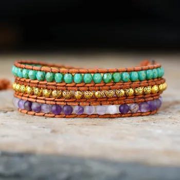 

Bohemian Leather Wrap Bracelets W/ Amethysts Vintage Tibetan Beads Triple Bracelet Femme Boho Hippie Jewelry Wholesale
