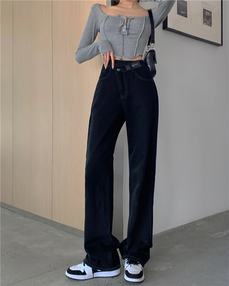 good american jeans Women's Autumn Casual High Waist Denim Pants Loose Chic Straight Leg Pockets Jeans Femme Fashion Streetwear Trousers cargo jeans