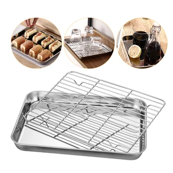 

Stainless Steel Flat Bottom Baking Tray with Mesh Set Square Barbecue Plate with Cooling Rack Drip Pan Barbecue Tray Bakeware