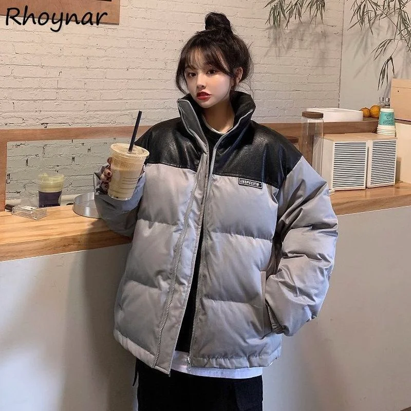 

Parkas Women Thick Fashion Loose Casual Baggy Warm Zip-up Patchwork Winter College Pockets Streetwear Harajuku All-match Ins BF