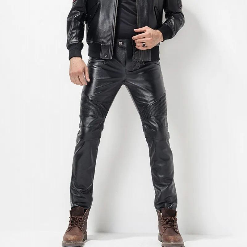 Perfect European Autumn Winter Slim Mens Full Length Cowhide Pants Windproof Thick Moto Biker Pleated Genuine Leather Male Pencil Pants 4