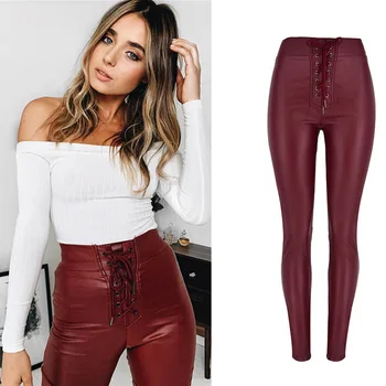 

New Stretch PU Leather Pants For Women High Waist Joggers Women Trousers Plus Size Drawstring Pencil Skinny Waisted Female Pants