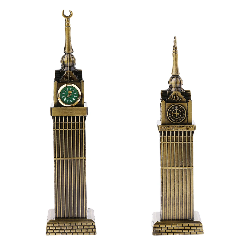 Retro Metal Mecca Tower Statue w/ Clock Building Figurine Model for Home Decor Bars Cafes Restaurants Wedding Party Ornament