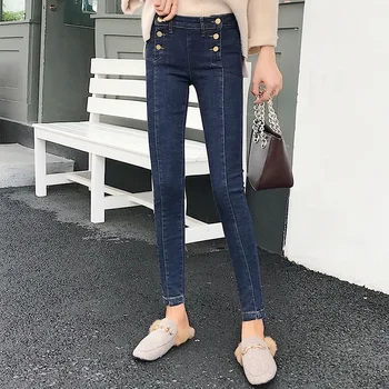 

High Waist Stretch Women Pencil Pants 2019 Streetwear Skinny Solid Color Double Breasted Patchwork Ankle Length Jean