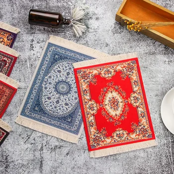 

1PC Retro Mini Persian Woven Carpet Mouse Pad Pattern Anti-slip Cup Mouse Pad with Fring Home Office Table Decor Desk Cushion