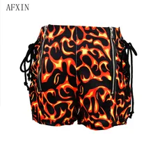 Летние популярные короткие женские шорты, сексуальные, с принтом пламени, с высокой талией, на молнии, на шнуровке, короткие, для улицы, в стиле панк, крутые, обтягивающие, мини низ
