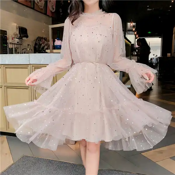 New shiny women dress sequined transparent loose a line mesh patchwork elegant solid summer dress korean style kimono