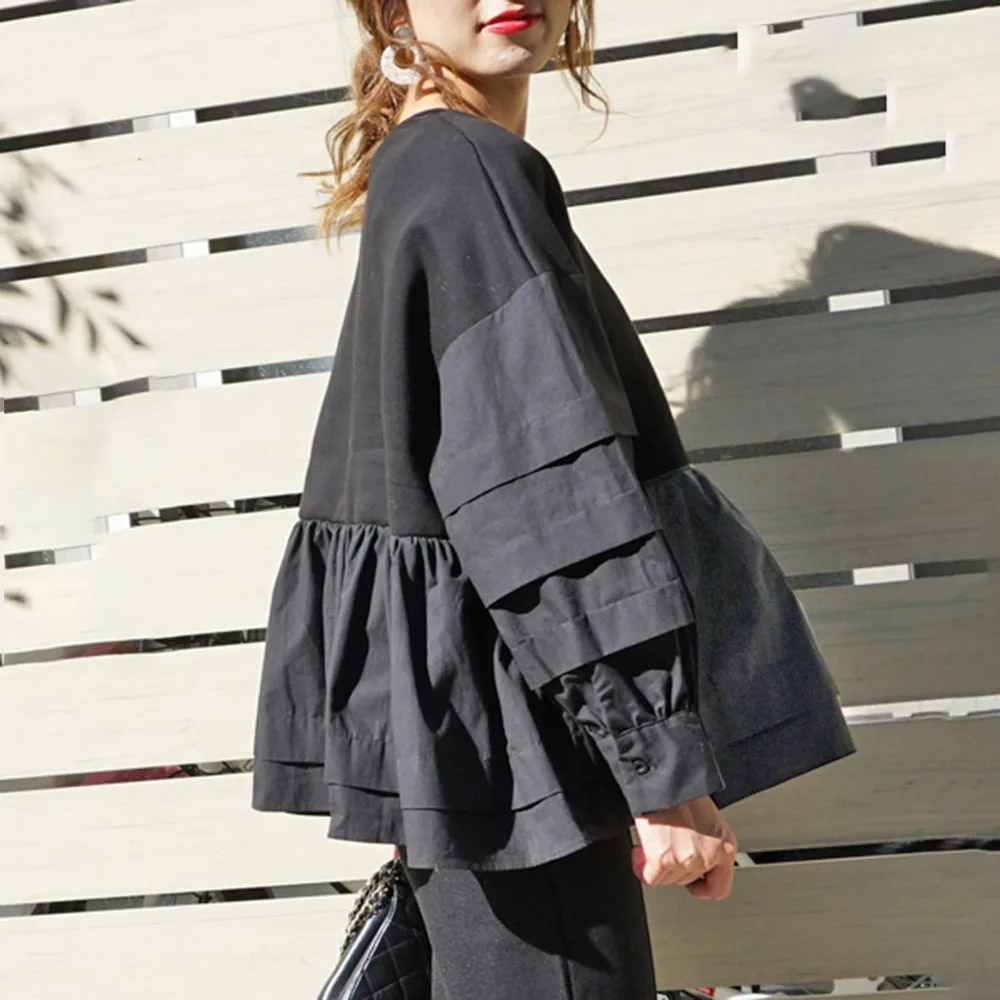 

Spring Long Sleeve Women Hoodie Korean Black Ruffles Patchwork Loose Pullover Tops Harajuku Oversized Sweatshirt Streetwear