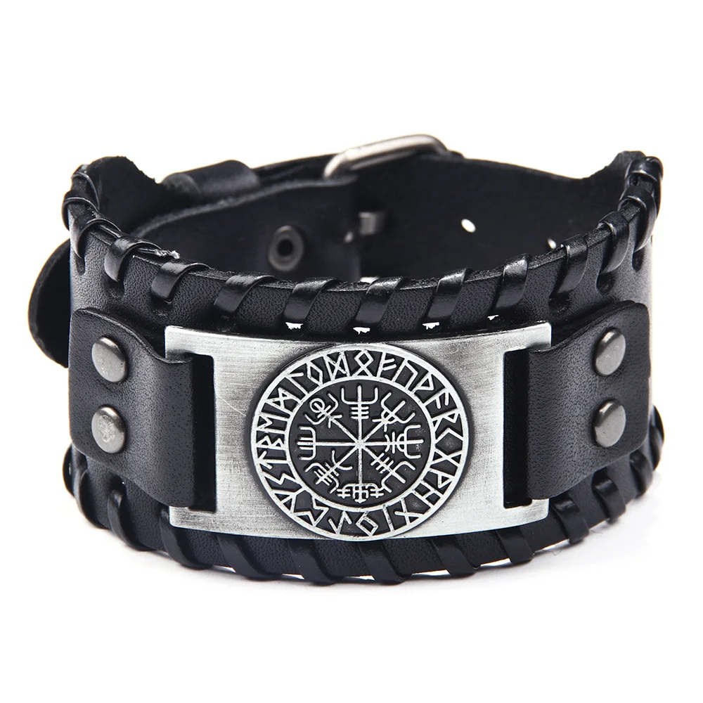 Ретро viking кожаный браслет для мужчин с Odin символ рун скандинавские браслеты с компасом - Окраска металла: 1
