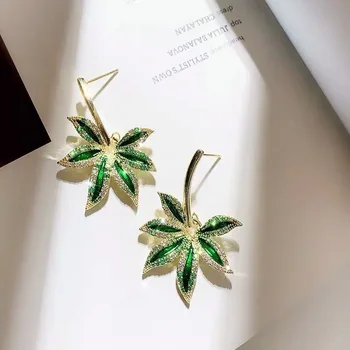

2020 New Fashion Earrings Green Earrings Personality Rhinestone Leaf Earrings Silver Needle Earrings
