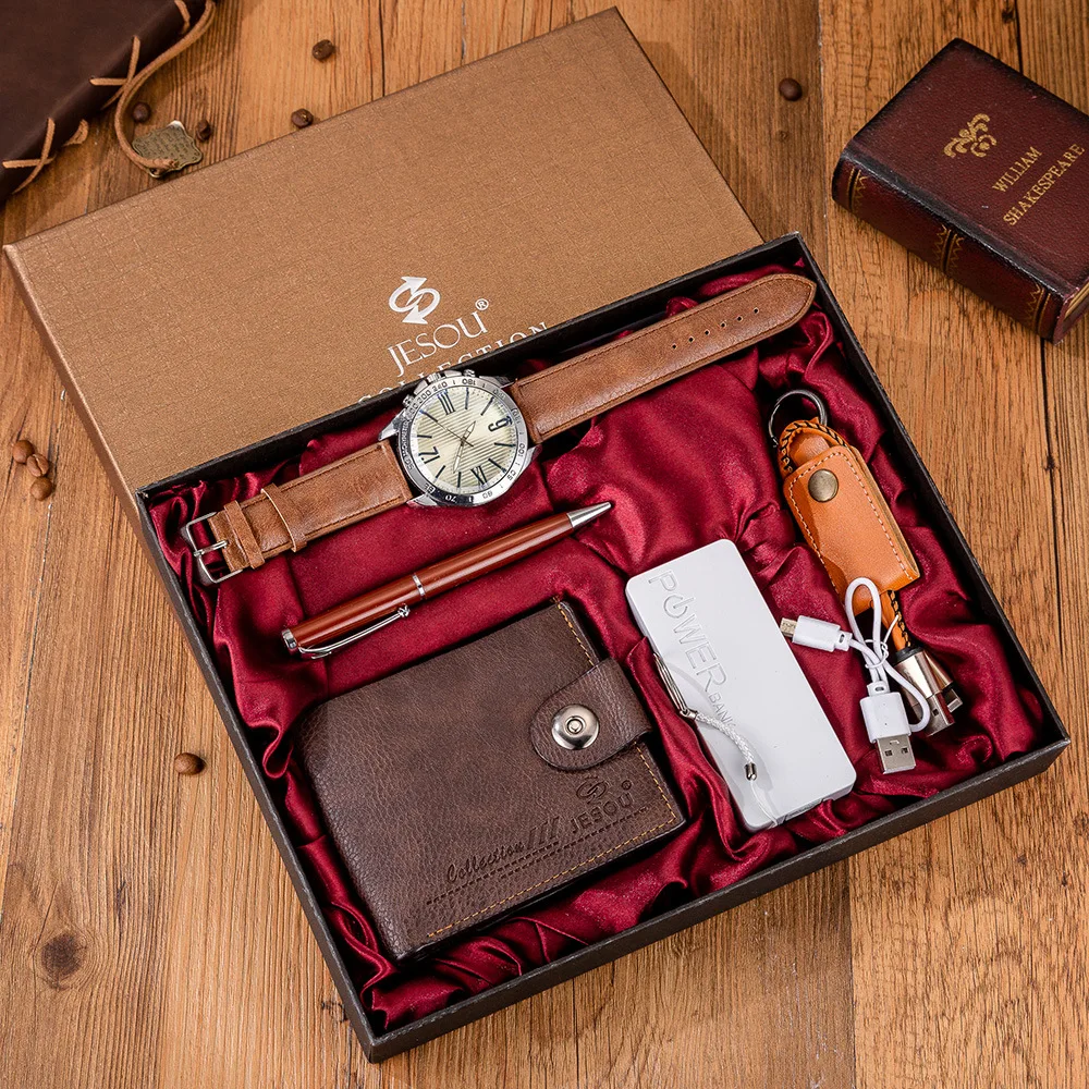 

5 Pieces Boutique Gift Set Wallet + Charger + Keychain + Large Dial Quartz Watch + Pen