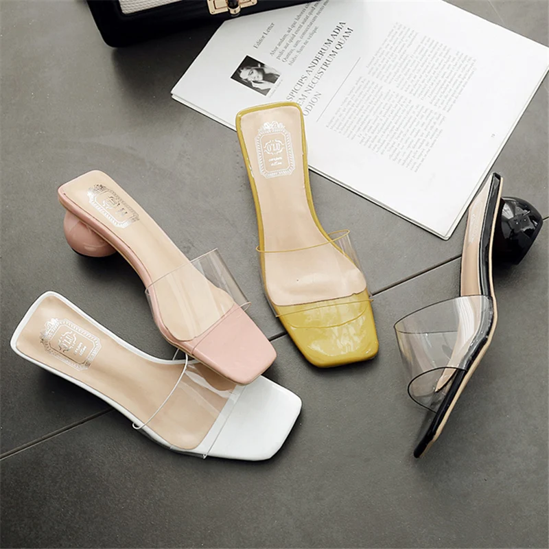 

2020 Women Summer Platform 5cm High Heels Block Thick Heels Yellow Sandals Chunky Slides Female Slippers Transparent Mules Shoes