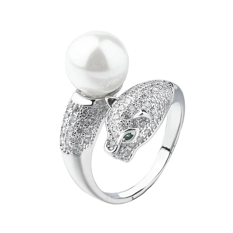 European and American domineering leopard head opening ring fashion imitation pearl creative animal ladies copper ring