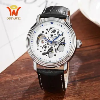 

Luxury Brand Automatic Mechanical Men Wristwatch Skeleton White dial Leather Business Watch Waterproof self wind male clock Gift