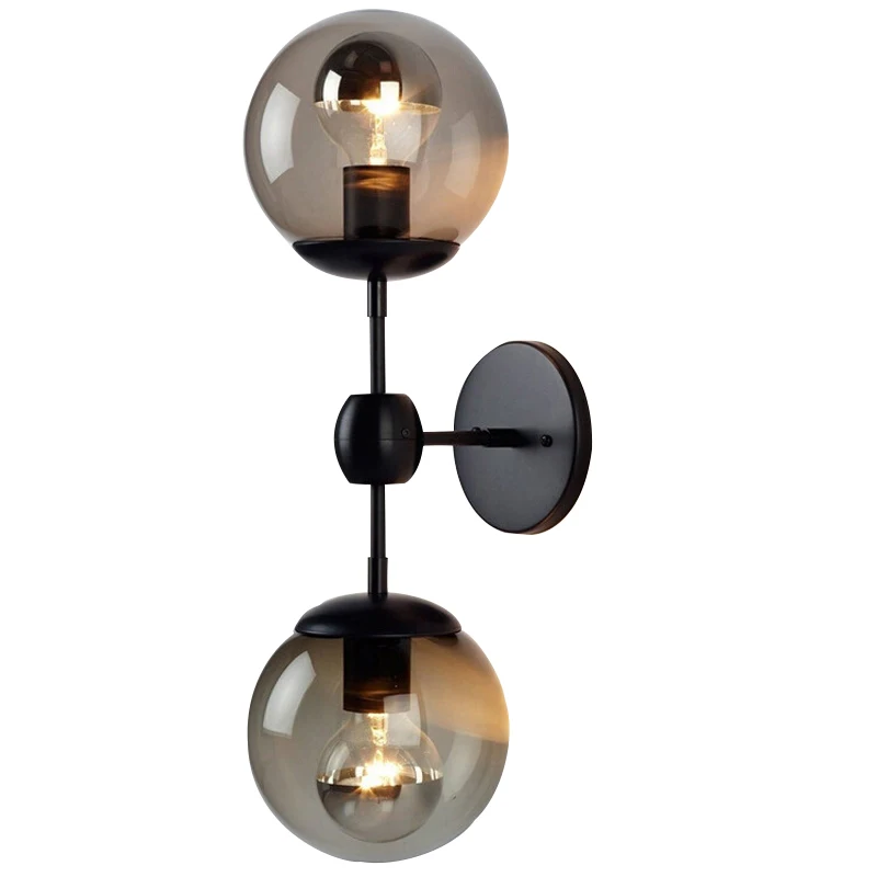 Creative Ball Style Glass Wall Lamp Retro Black Single Double Heads Iron E27 Wall Light For Bedroom Restaurant Bar Hotel Cafe