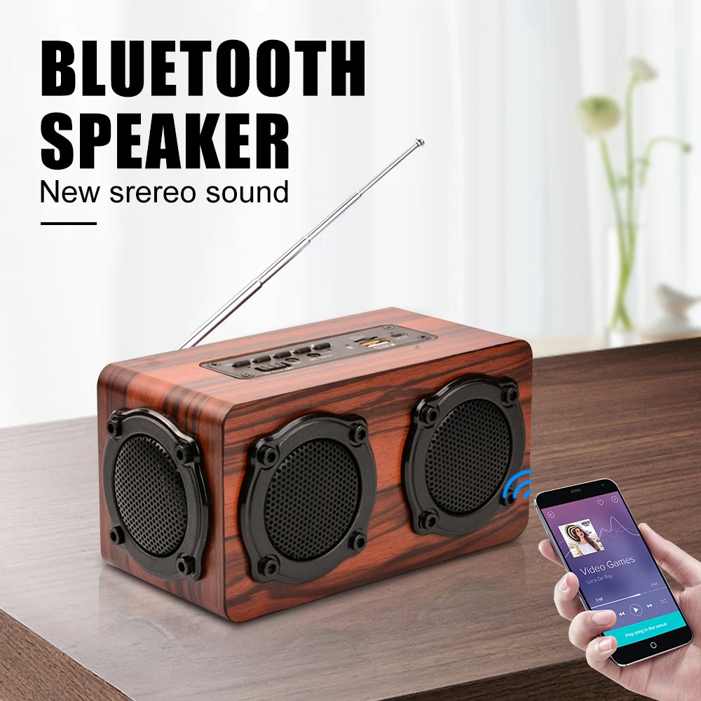 Bluetooth динамик деревянный портативный беспроводной бас стерео SD карта Ретро FM