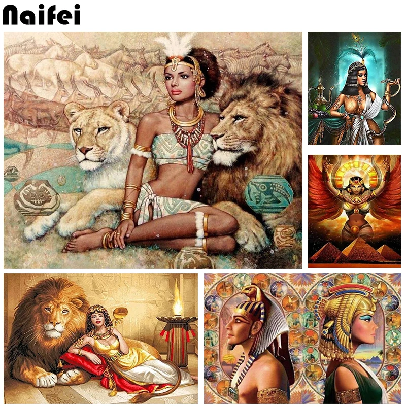 

5D Diamond Painting Queen of Egypt And The Lion TigerFull Square / Round Diamond Mosaic DIY Diamond Embroidery Wall Painting