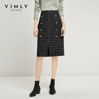 

Vimly 2020 Autumn Winter Women Plaid Skirt Office Lady High Waist Split Buttons Slim Fit Thick Vintage Female A-line Skrit 98993