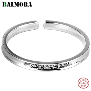 

BALMORA 999 Sterling Silver Simple Feather Open Bangle Bracelets for Women Men Couple Special Gift Vintage Cool Fashion Jewelry