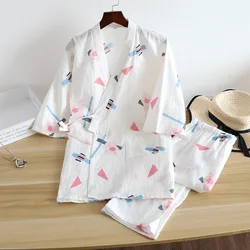 Japanese Kimono 2-piece Pure Cotton Gauze Ladies Pajamas Suit Spring and Summer New Tops + Trousers Home Service Suit Plus Size