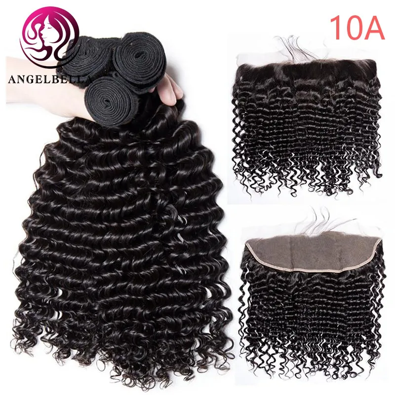 

Angelbella 18 inch Natural Black 100% Peruvian Hair Weaves Double Weft Deep Wave Human Remy Hair Bundles With 13x4 Lace Frontal