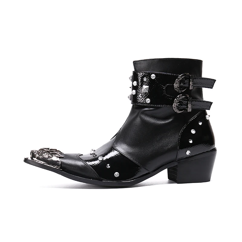 Punk Style Rivets Men Real Leather Boots Metal Pointed Toe Motorcycle Short Boots Male Plus Size Buckle Cowboy Boots Black