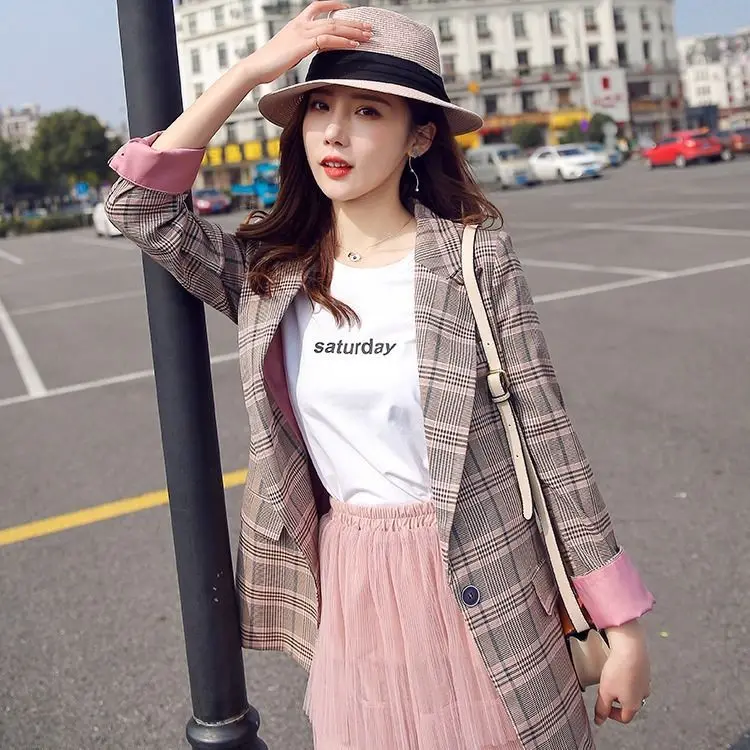 

2019 New Style Suit Jacket Women's Korean-style Turn Sleeve Casual Versatile CHIC Popular Grid Red Suit Spring And Autumn