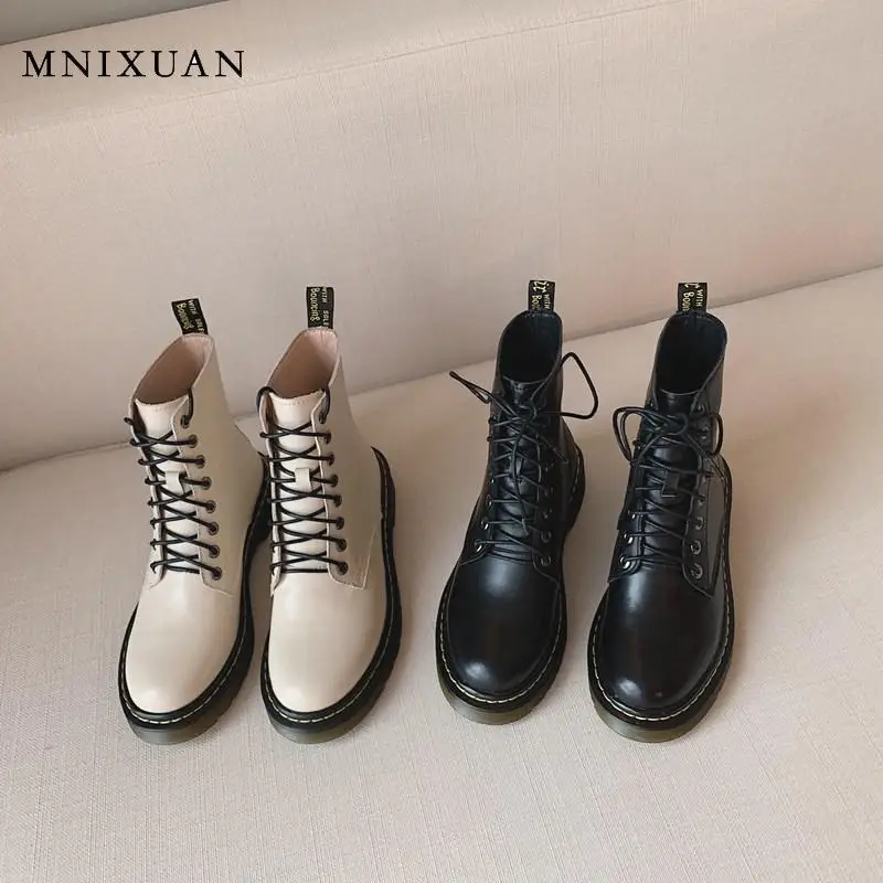 

MNIXUAN Shoes Woman Militaris Black Platform Boots 2019 autumn winter round toe medium heels lace up short martin boots size 10