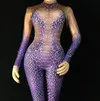 Stylish Snake Striae Pattern Purple Jumpsuit Sexy Stones Stretch Outfit Nightclub Singer Dancer Party Bodysuits Women's Clothes