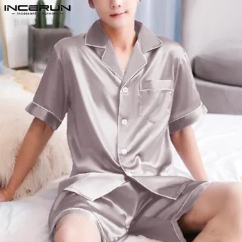 

INCERUN Summer Soft Men Pajamas Sets Short Sleeve Lapel Sleepwear Tops Shorts 2 Pieces Fashion Breathable Mens Nightgown Sets