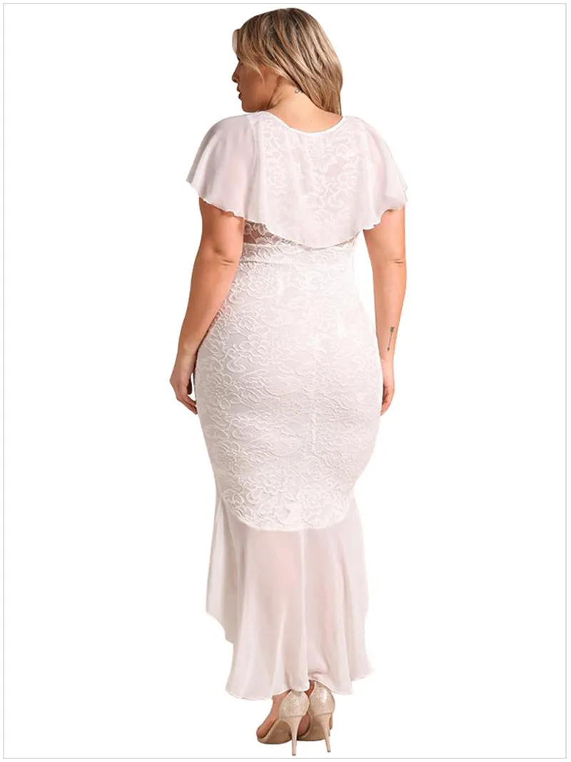 Tanie Wieczór Party elegancka koronka szyfonowa sukienka kobiety Sexy dekolt w szpic patchworkowa pomarszczona drapowania dół Hi lo Hem warstwowa rękaw suknia maxi