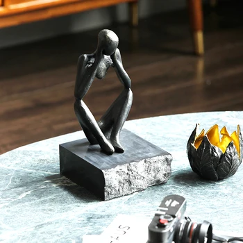 

Nordic Sitting And Thinking Cast Iron Figure Decor Black Marble Base Decoration Abstract Art Decoration Ornament Accessories