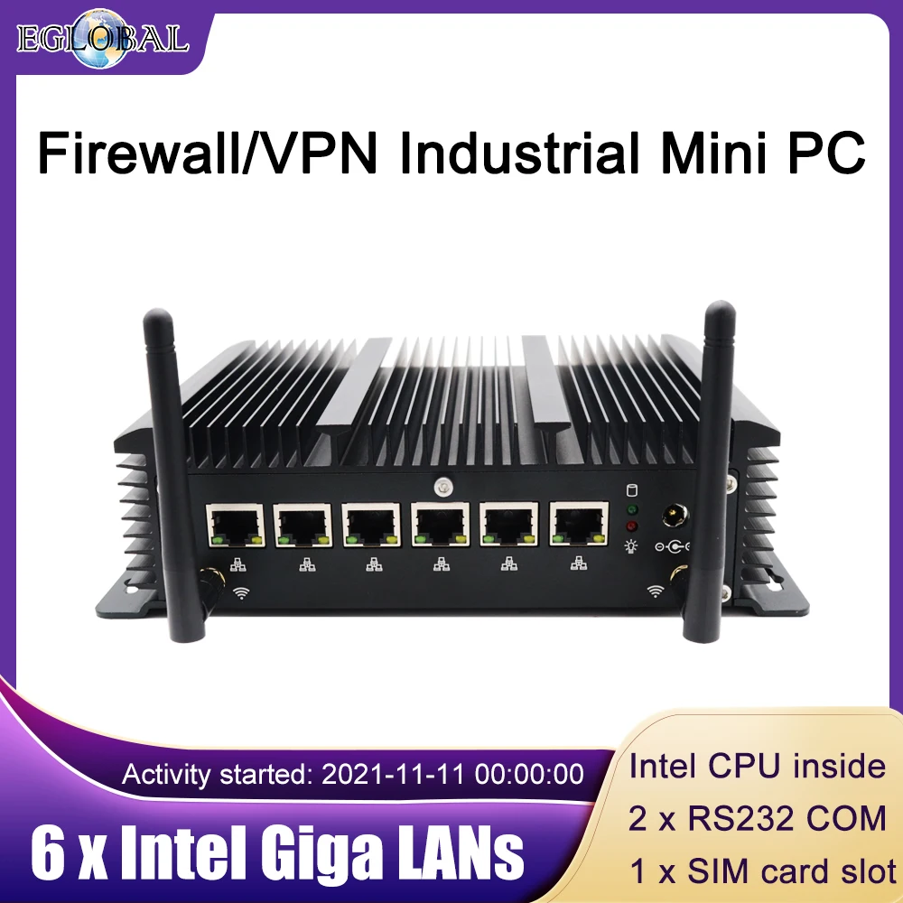 EGLOBAL Industrial Fanless Mini Computer Intel i5 8265U 6 Lans Firewall Router Pfsense PC 2*RS232 4*USB3.0 HDMI 4G/3G AES-NI