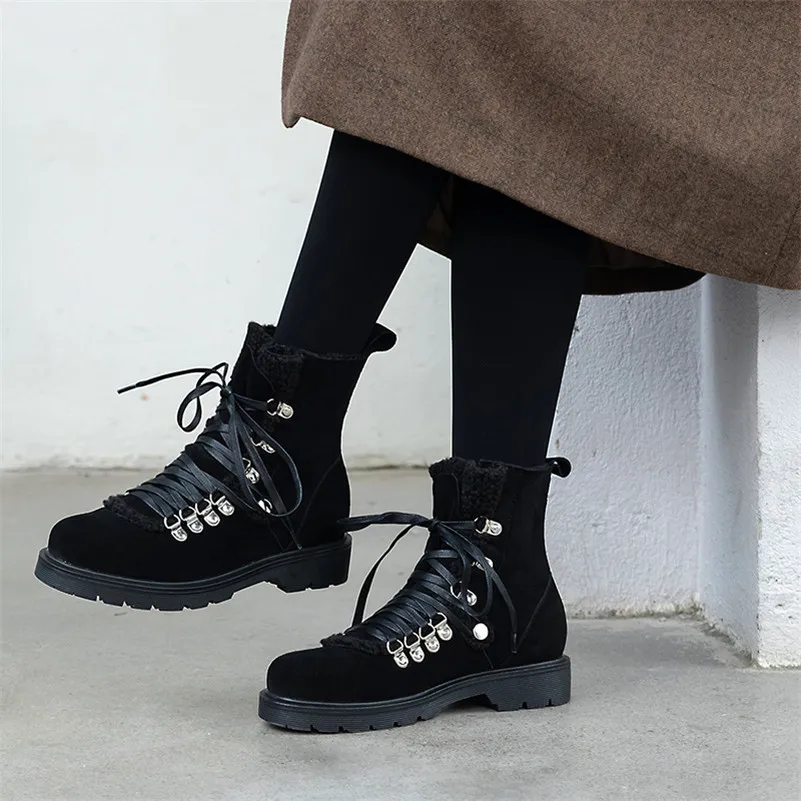 Meotina/зимние сапоги из натуральной кожи; женские замшевые ботильоны на плоской подошве; обувь на шнуровке с круглым носком; женская зимняя обувь; коллекция года; большие размеры 33-42