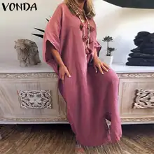 VONDA размера плюс длинное платье Макси женское винтажное платье с коротким рукавом весна лето повседневное свободное платье