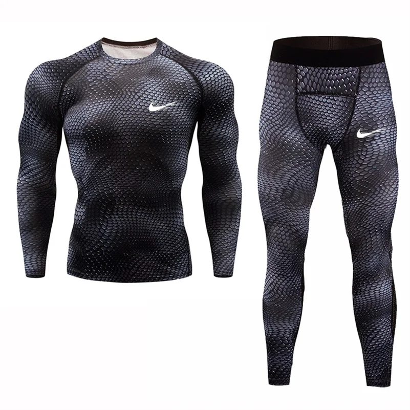 MMA Мужской спортивный комплект для бега, компрессионная футболка+ штаны, облегающая кожу, с длинными рукавами, Рашгард для фитнеса, тренировочная одежда, спортивный костюм для йоги