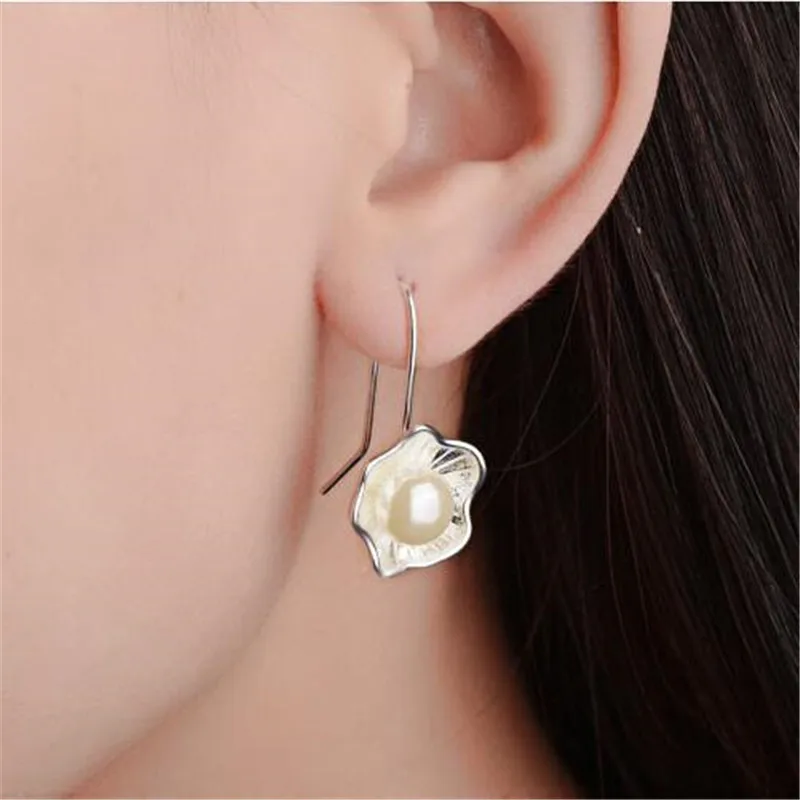 925 Sterling Silver Female Dangle Earrings Lotus Pearl Fresh Flower E054 dangle earrings pearl earrings flower earrings lotus earrings