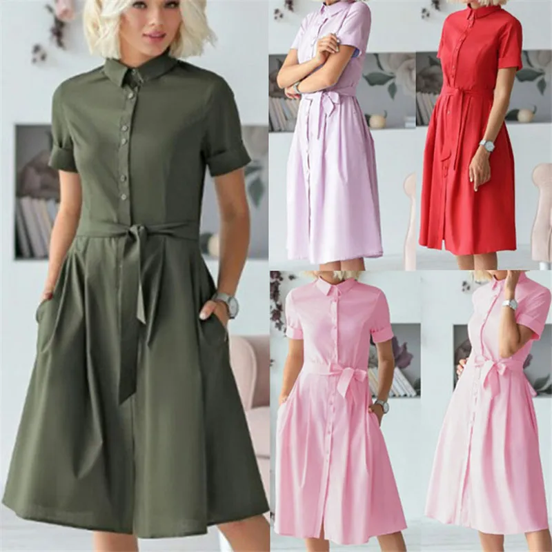 

Women Dress Button Pockets Decor Turn-down Collar Short Sleeve Solid Color A-Line Dress Office Ladies Summer Slim Bandage Dress