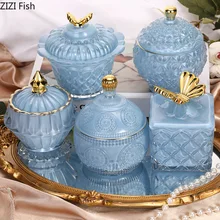 Frascos de armazenamento de vidro de alívio azul e tampas penteadeira caixas de jóias frasco de cosméticos decoração de mesa vários estilos de cristal doces potes